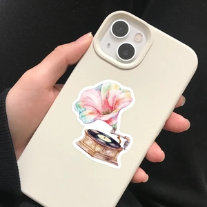 Creamy white matte phone case with retro gramophone and pink floral watercolor art