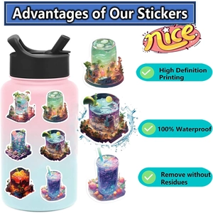 Waterproof fantasy drink stickers on a gradient bottle showing 100% no-residue feature