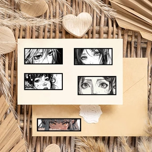 Detail of five anime eye graffiti stickers on vintage paper with floral background