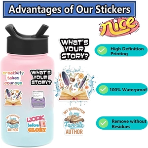 Detail of waterproof cartoon stickers applied on a bottle with 100% waterproof icons