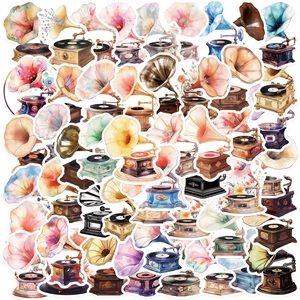 Waterproof PVC Gramophone Stickers Floral Record Player Decals For Laptop Guitar Luggage DIY Scrapbooking Journal Decoration Assorted Patterns
