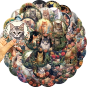 50pcs waterproof vintage cat and flower circle stickers for laptop and DIY crafts