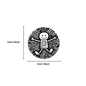 Detailed view showing a 5cm 1.9inch round robot sticker with black white line art
