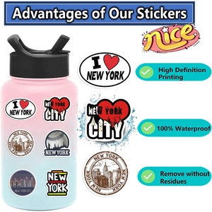 Detail von wasserfesten New York Aufklebern mit I Love NY Logo auf einer Trinkflasche