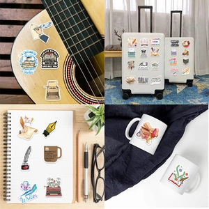Creative literary stickers featuring vintage typewriters and books on laptop and guitar