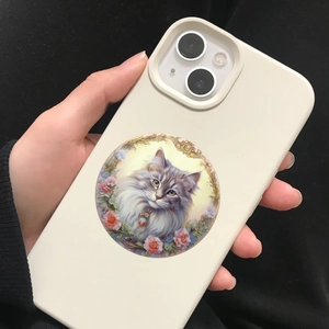 Close-up of cream iPhone case with vintage round floral long-haired cat illustration