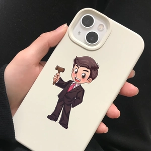 Close-up of a cartoon lawyer theme iPhone case in cream white silicone material