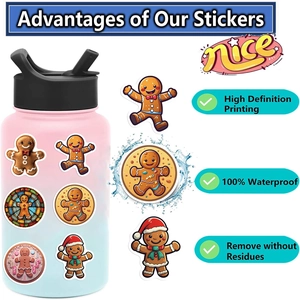 Waterproof gingerbread man stickers applied on a thermal bottle showing high-definition print