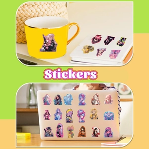 Detail showing waterproof anime girl stickers on a yellow mug and a laptop lid