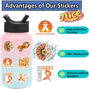 Waterproof orange ribbon leukemia awareness stickers shown on a gradient water bottle