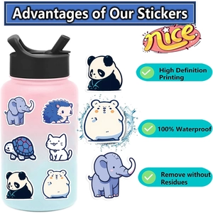 Infographic showing waterproof blue animal stickers with high definition printing details