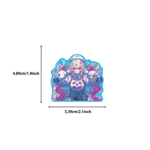 Detail view of a cute anime girl sticker with precise dimensions 1.9 by 2.1 inches