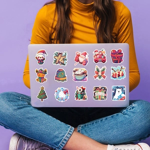 Christmas party stickers featuring Santa and Snowman on a laptop for DIY decoration