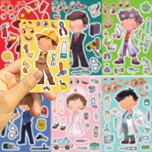 Macro shot of construction worker DIY sticker with replaceable faces and tools
