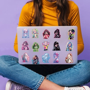 Waterproof anime girl stickers on a purple laptop case for DIY decoration