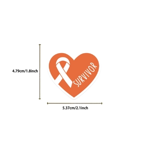 Detail of orange heart Leukemia survivor sticker showing precise dimensions 1.8x2.1 inch