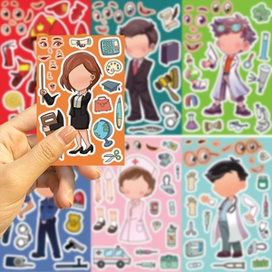 Macro detail of DIY career stickers showing interchangeable facial features and props