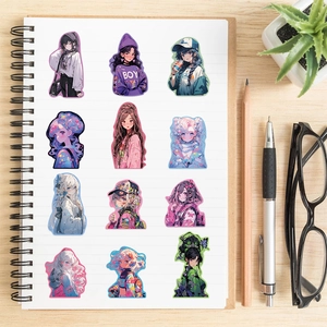 Waterproof anime girl doodle stickers displayed on an open white spiral notebook