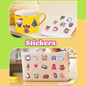 Detailed view of waterproof Christmas stickers on a mug and laptop for festive decoration