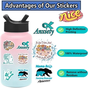 Anxiety awareness stickers on water bottle featuring HD printing and waterproof material