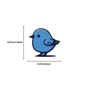 Detailed blue cartoon bird sticker dimensions showing 4.91cm height and 5.27cm width