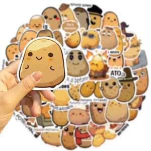 Close-up of funny waterproof potato stickers with cute expressions for DIY laptop decor