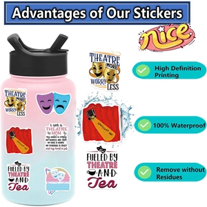 Waterproof theatre stickers on water bottle showing high definition printing details