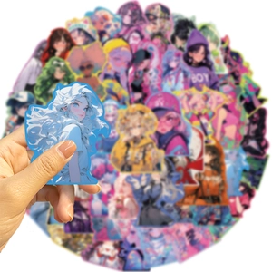 Close-up showing the size and waterproof detail of a cute anime girl sticker