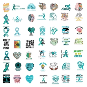 Set of 50 mental health stickers for anxiety awareness on laptop and guitar