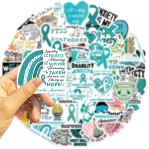 Close-up of waterproof teal glitter rainbow sticker for anxiety awareness and mental health