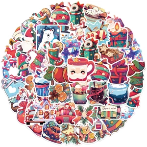 Pack of 50 waterproof Christmas stickers with Santa, reindeer and snowman designs