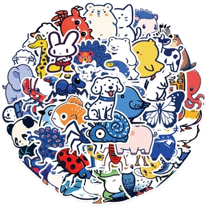 50-piece set of blue animal stickers for laptops and guitars featuring cute cartoon designs