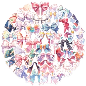 Close-up of waterproof cartoon bow stickers in pastel colors for DIY laptop decoration