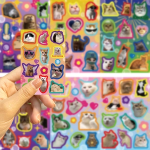 Detailed close-up of colorful cat meme stickers for DIY journaling and phone cases