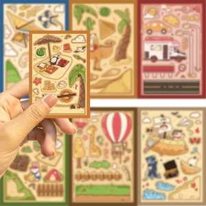 Close-up of cute cartoon animal travel stickers featuring panda and cat beach scene