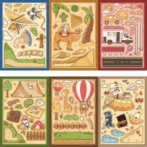 Close-up of cartoon animal travel stickers featuring six diverse adventure themes for DIY