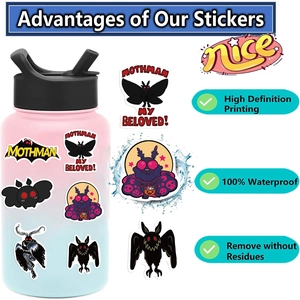 Waterproof Mothman cartoon stickers applied on a gradient water bottle for DIY decor