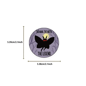 Detail view of 2.1-inch round Mothman sticker showing precise size measurements and design