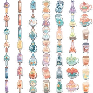 Detailed view of hand-drawn watercolor stickers featuring dreamy bottle and tea cup designs