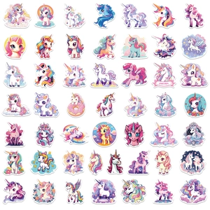 Set of 50 waterproof cartoon unicorn graffiti stickers in colorful 7x7 grid layout
