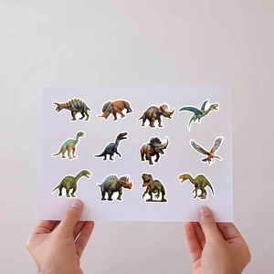 Gros plan d'autocollants dinosaures colorés sur un support tenu par des mains