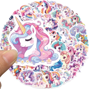 Detailed close-up of waterproof cartoon unicorn stickers with vibrant pastel colors