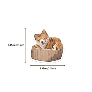 Detail showing cartoon cat sticker size dimensions of 5.35cm 2.1inch on white background