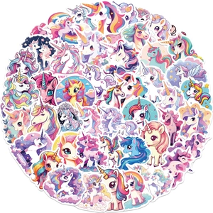 Set of 50 waterproof cartoon unicorn stickers for laptops and guitars on white background