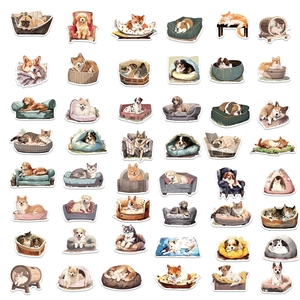 Close-up of assorted cozy cat and dog stickers in watercolor hand-drawn style