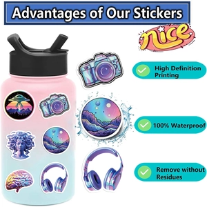 Waterproof holographic vaporwave stickers on a water bottle showing high-definition print