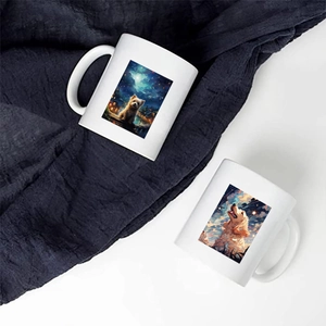 Close-up of ceramic mugs featuring Van Gogh style artistic dog illustrations on a white surface