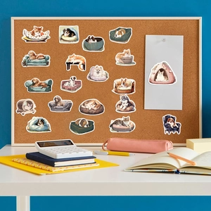 Waterproof pet stickers featuring hand-drawn cats and dogs on a corkboard setup