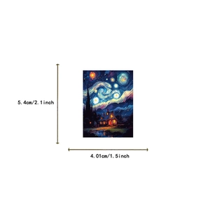 Detail view of Van Gogh Starry Night sticker showing dimensions 5.4cm by 4.01cm