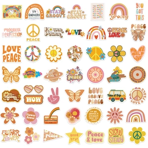 Pack de 50 pegatinas Retro Groovy Boho Hippie con arcoíris y signos de paz para deco